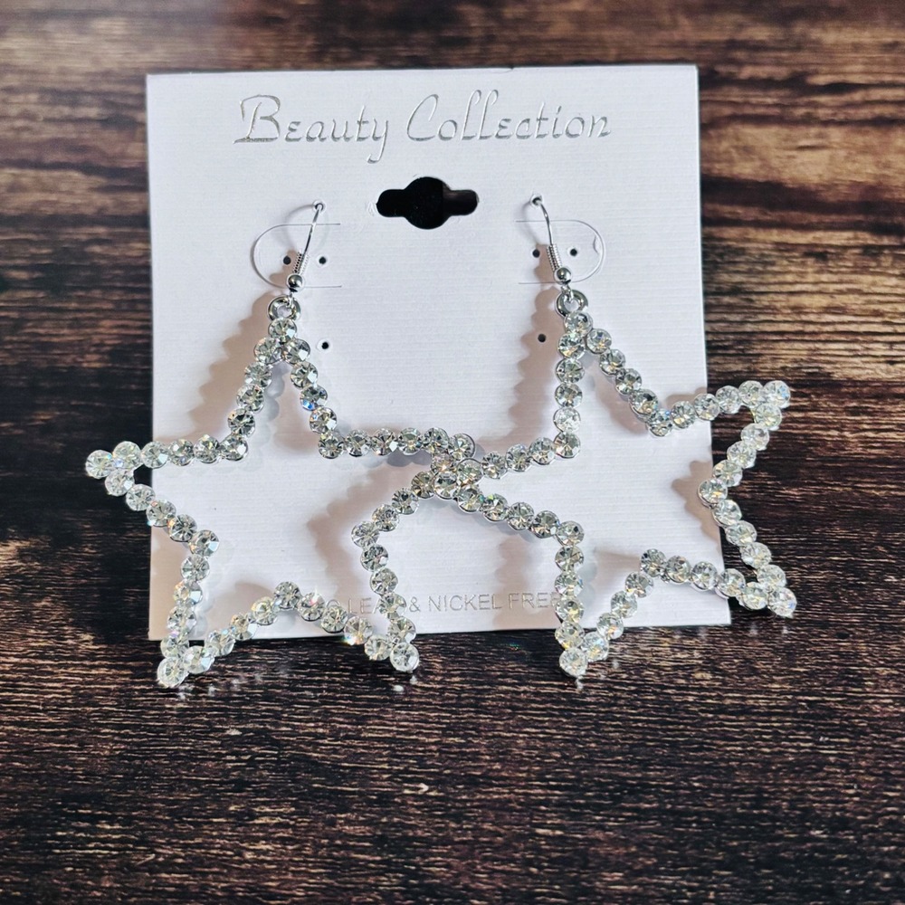 Beauty Collection Silver Rhinestone Star Drop Earrings Lead Nickel Free Clear